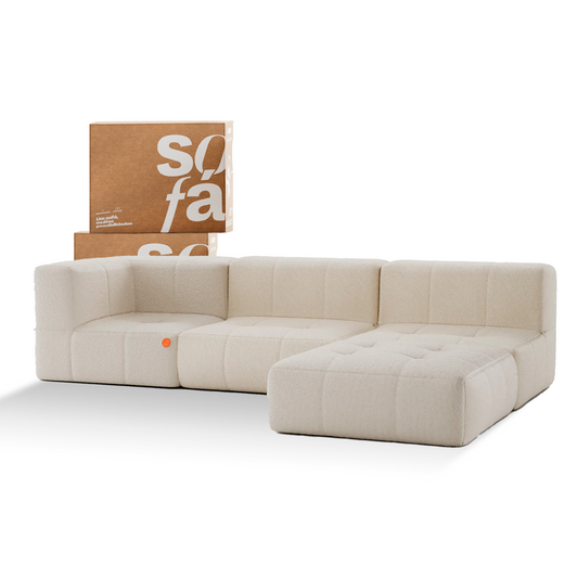 Sofa in Modular Box 3 seats in Boucle - 1 Arm with Chaise - Linen