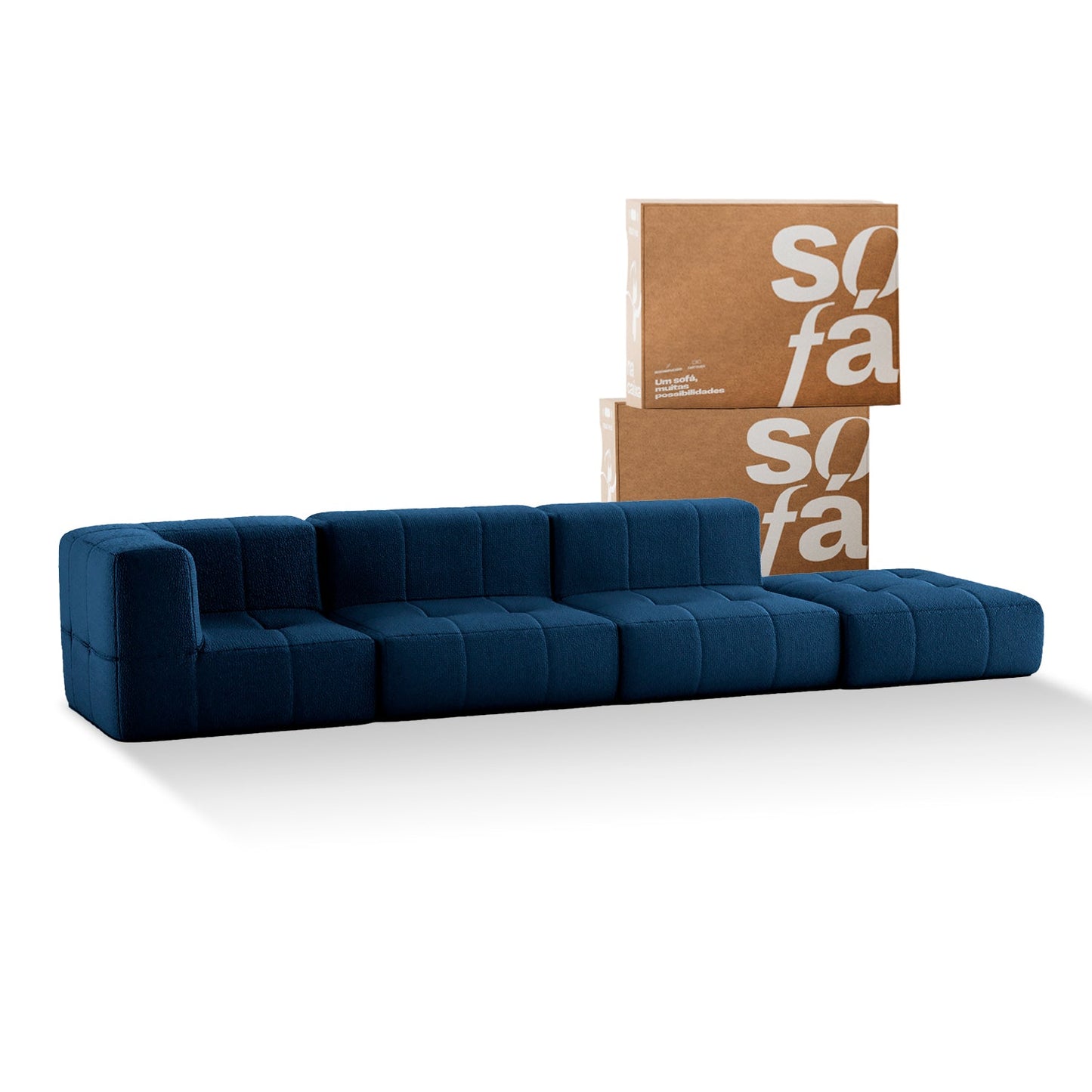 Sofa in Modular Box 3 seats in Boucle - 1 Arm with Chaise - Blue