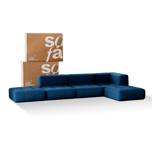 Sofa in Modular Box 3 seats in Boucle - 1 Arm with 2 Chaises - Blue