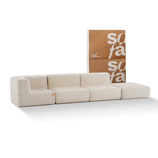 Sofa in Modular Box 3 seats in Boucle - 1 Arm with Chaise - Linen