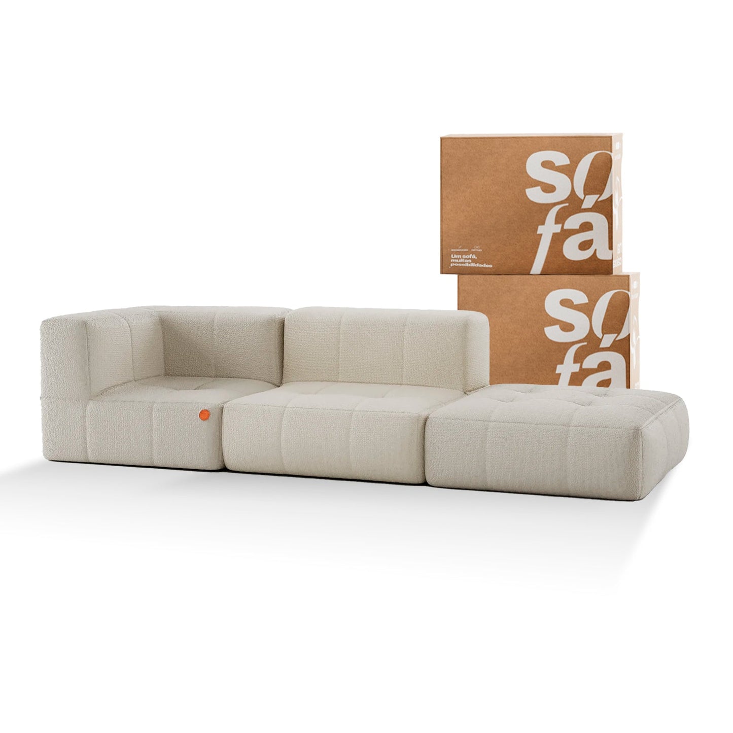 Sofa in Modular Box 2 seats in Boucle - 1 Arm with Chaise - Linen