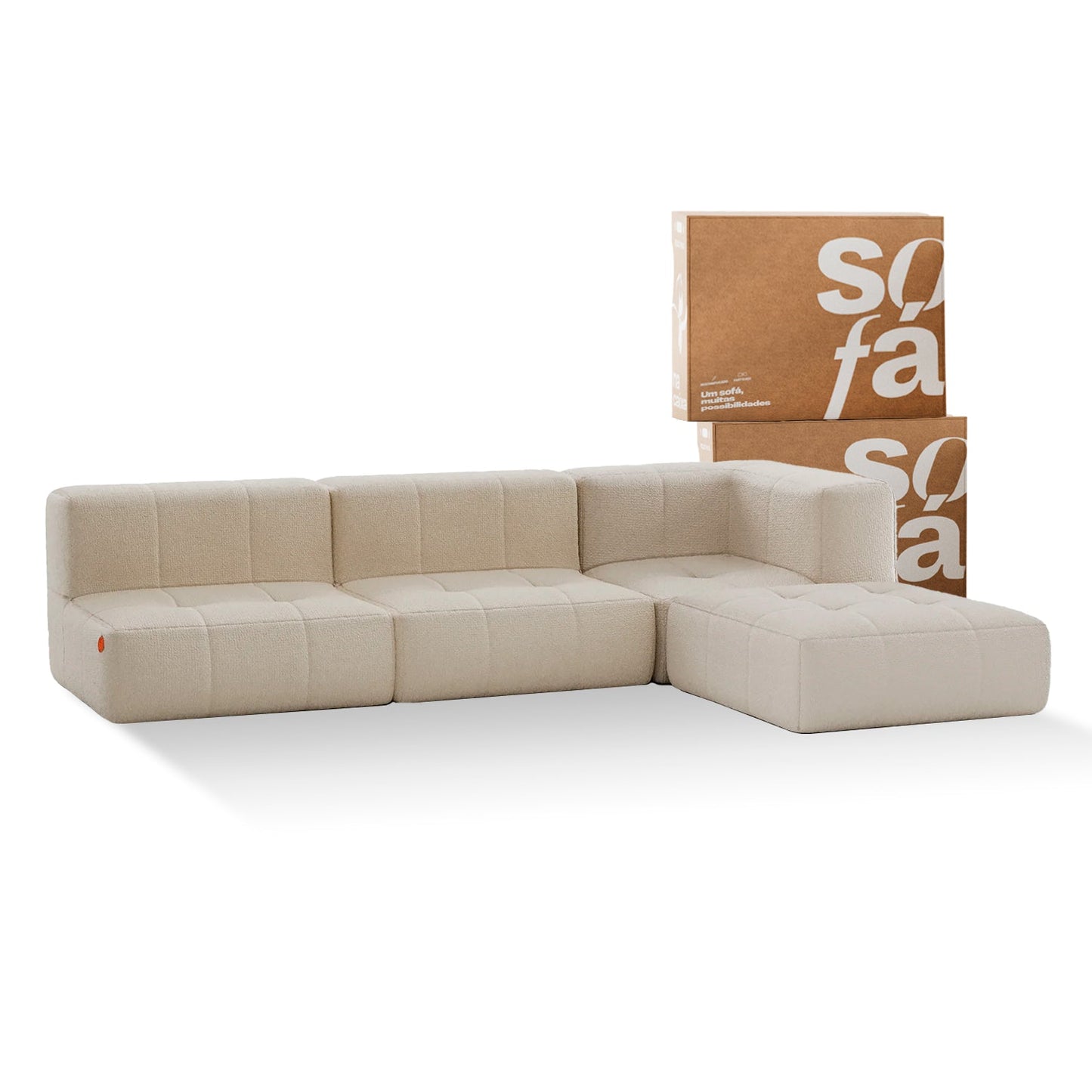 Sofa in Modular Box 3 seats in Boucle - 1 Arm with Chaise - Linen