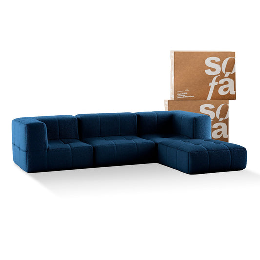 3-seater modular box sofa in Boucle with Chaise - Blue