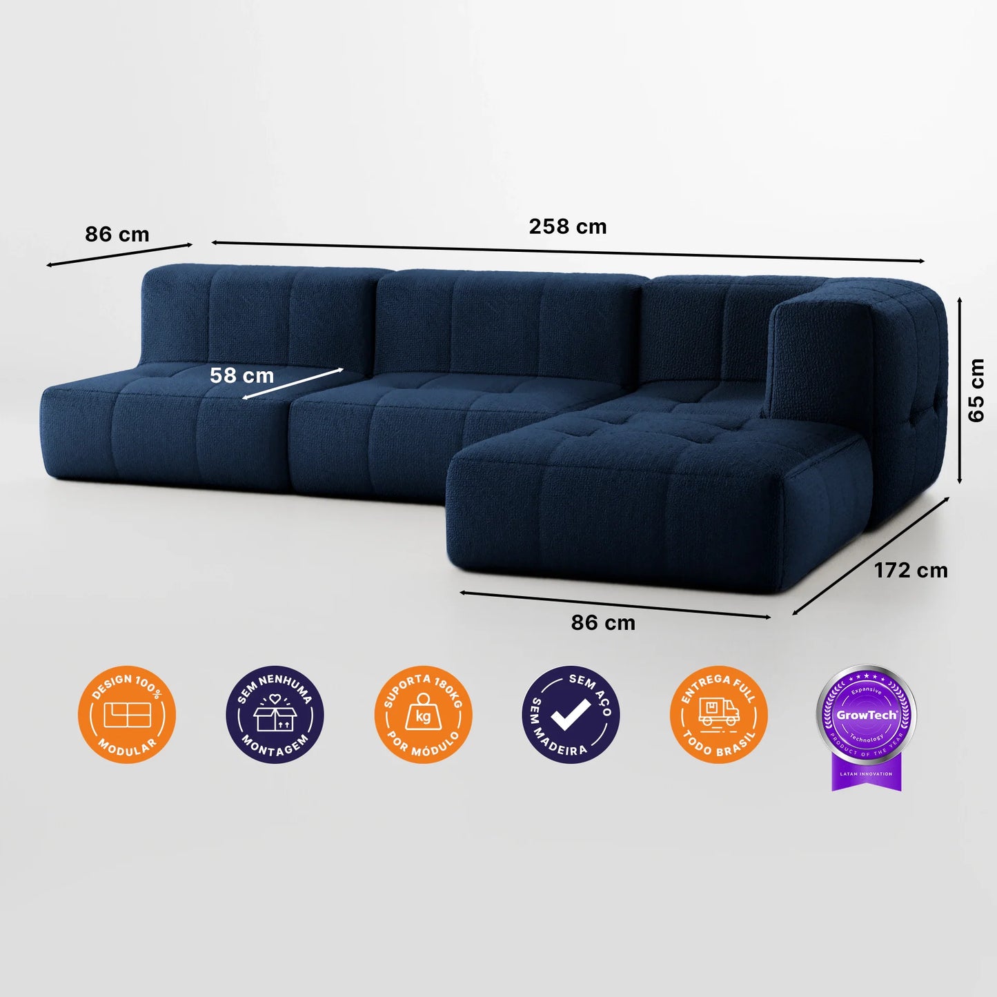 Sofa in Modular Box 3 seats in Boucle - 1 Arm with Chaise - Blue