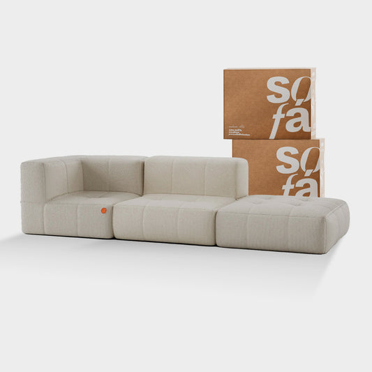 Sofa in Modular Box 2 seats in Boucle - 1 Arm with Chaise - Linen