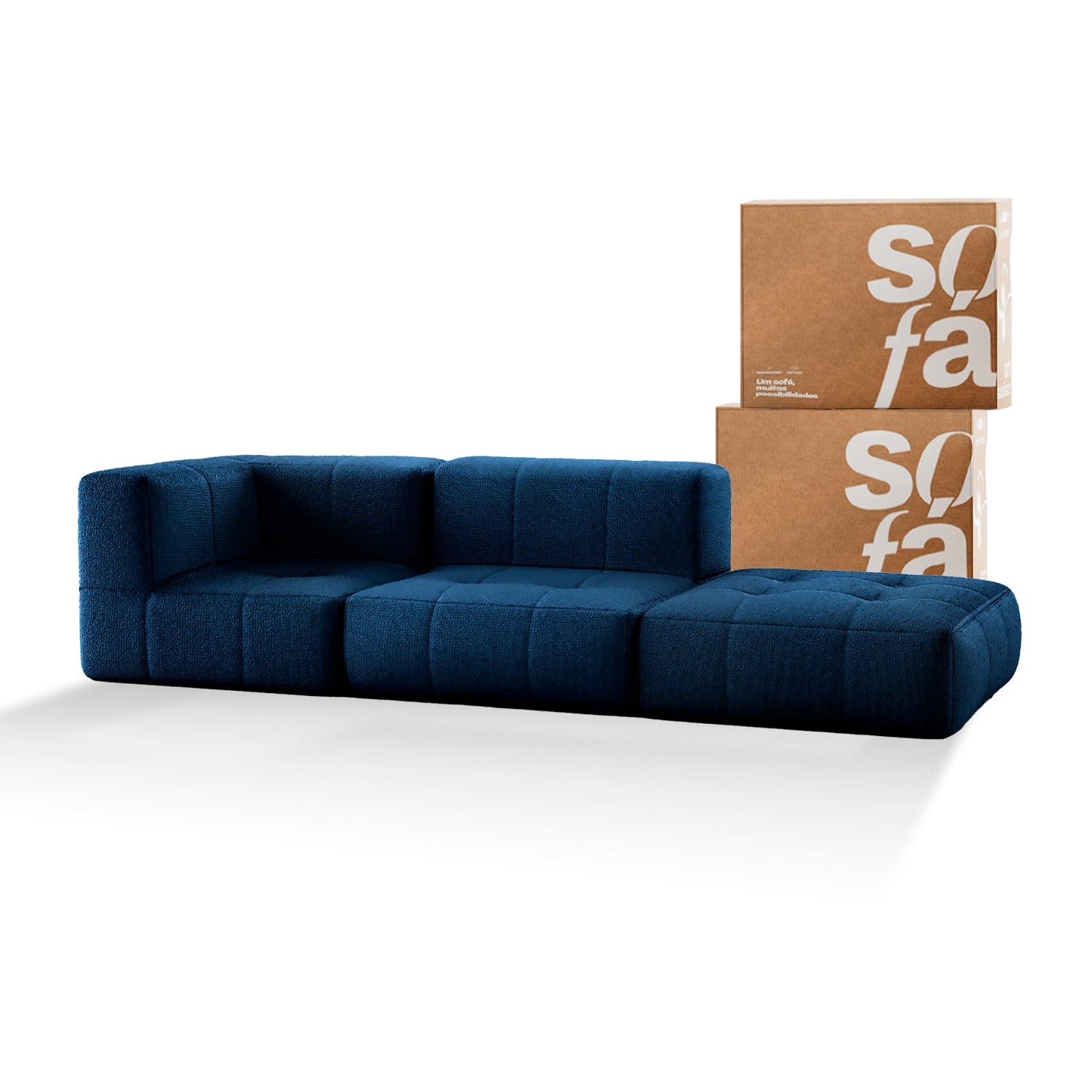 Sofa in Modular Box 2 seats in Boucle - 1 Arm with Chaise - Blue