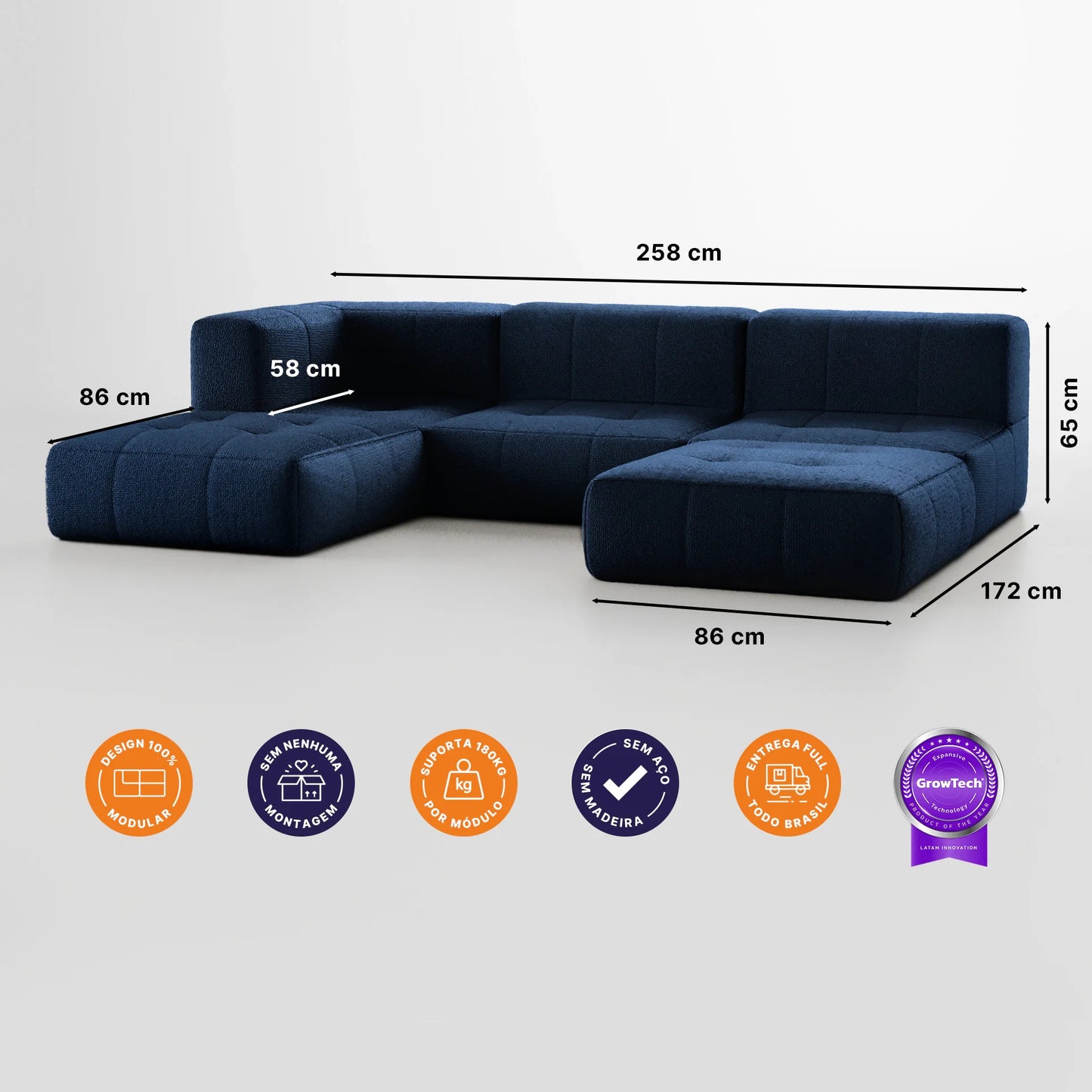 Sofa in Modular Box 3 seats in Boucle - 1 Arm with 2 Chaises - Blue