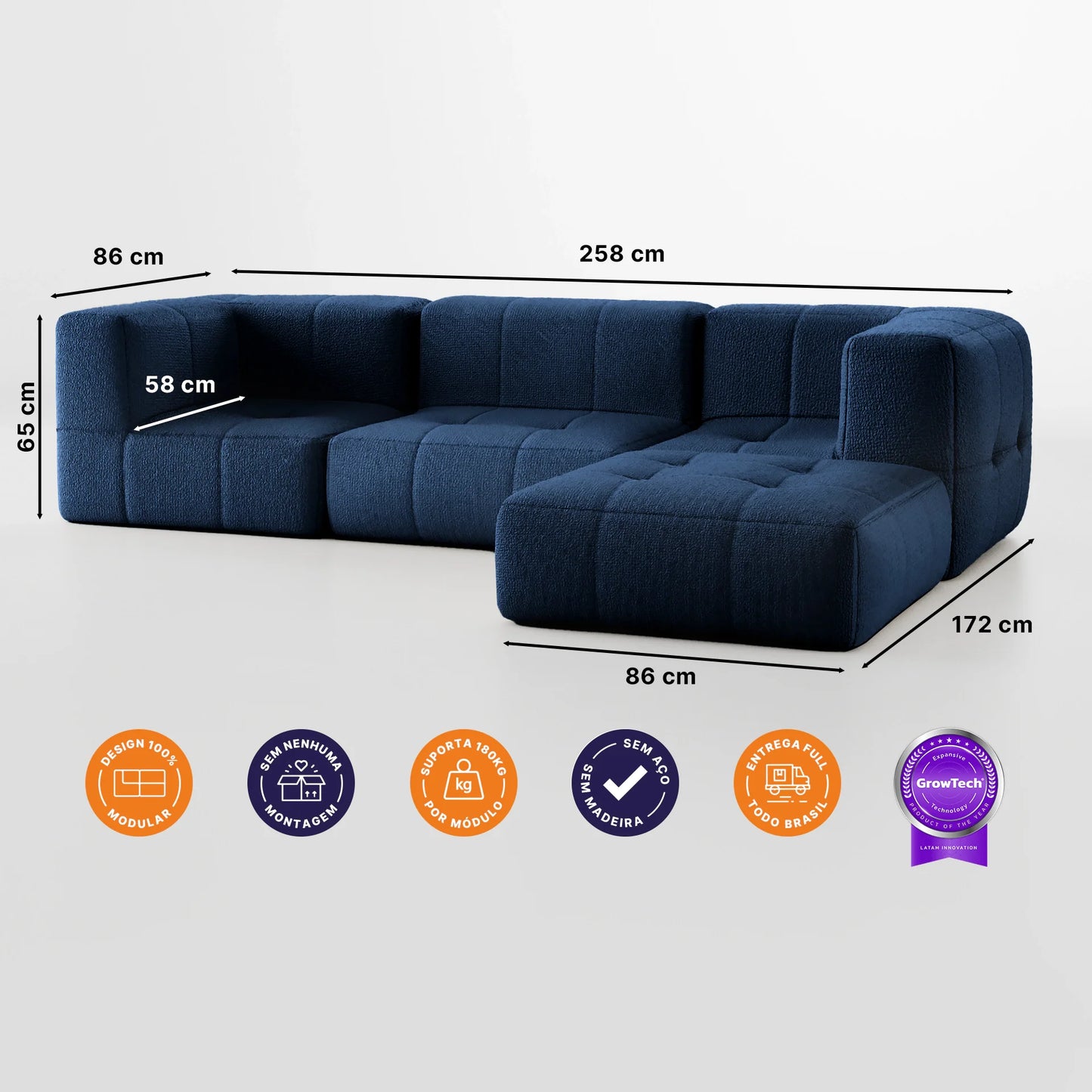 3-seater modular box sofa in Boucle with Chaise - Blue