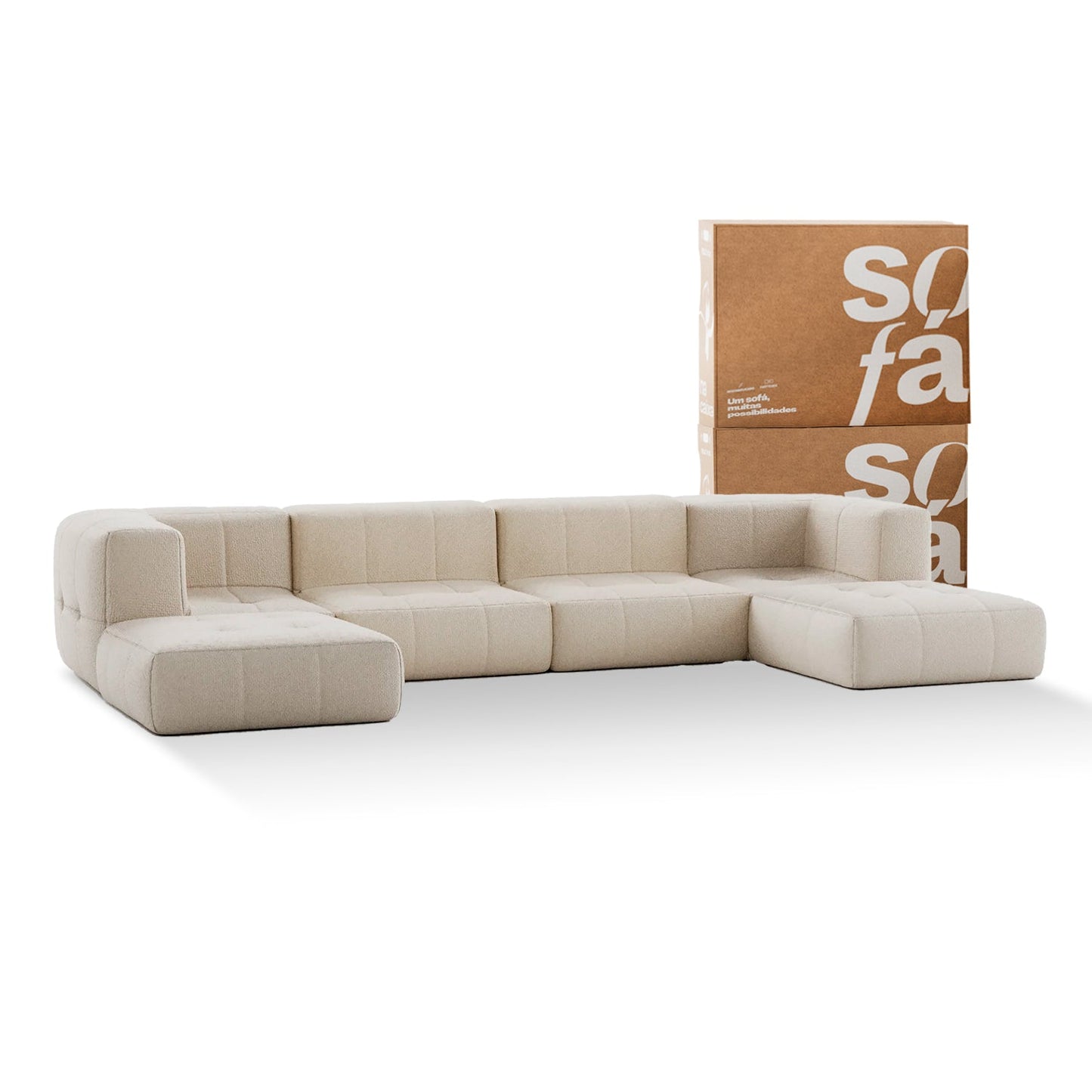 Modular Box Sofa 4 seats in Boucle with 2 Chaise - Linen