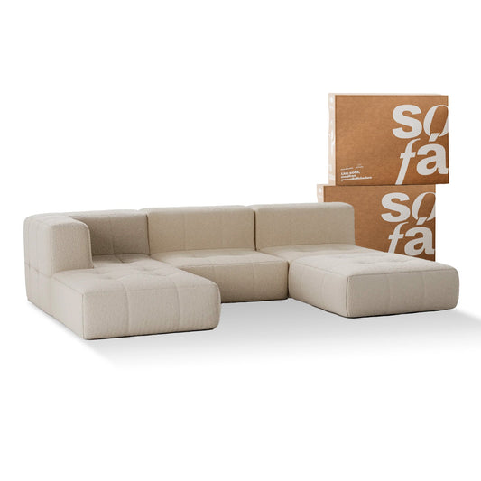 Sofa in Modular Box 3 seats in Boucle - 1 Arm with 2 Chaises - Linen