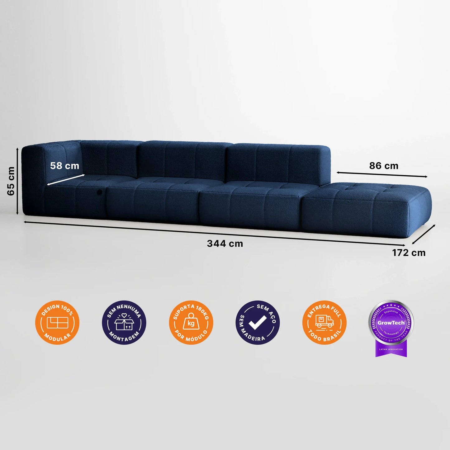 Sofa in Modular Box 3 seats in Boucle - 1 Arm with Chaise - Blue