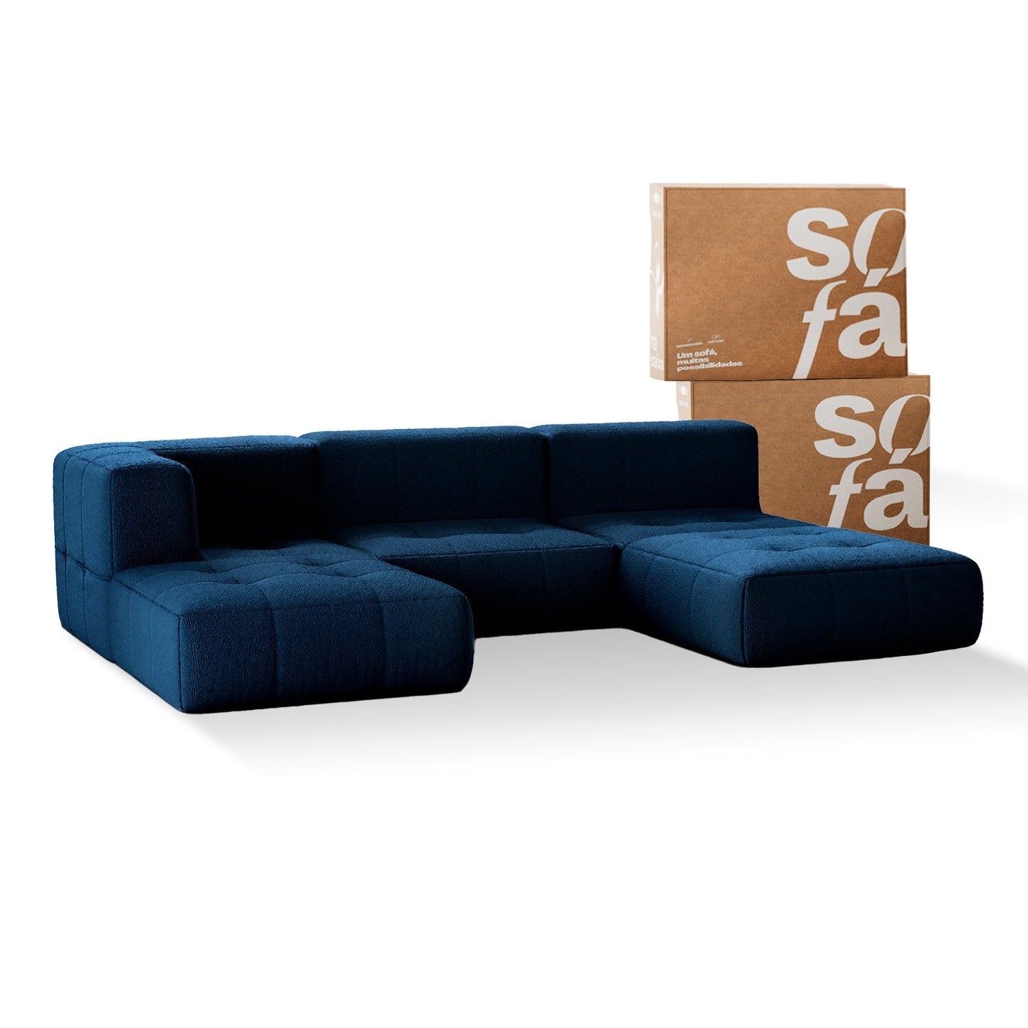 Sofa in Modular Box 3 seats in Boucle - 1 Arm with 2 Chaises - Blue