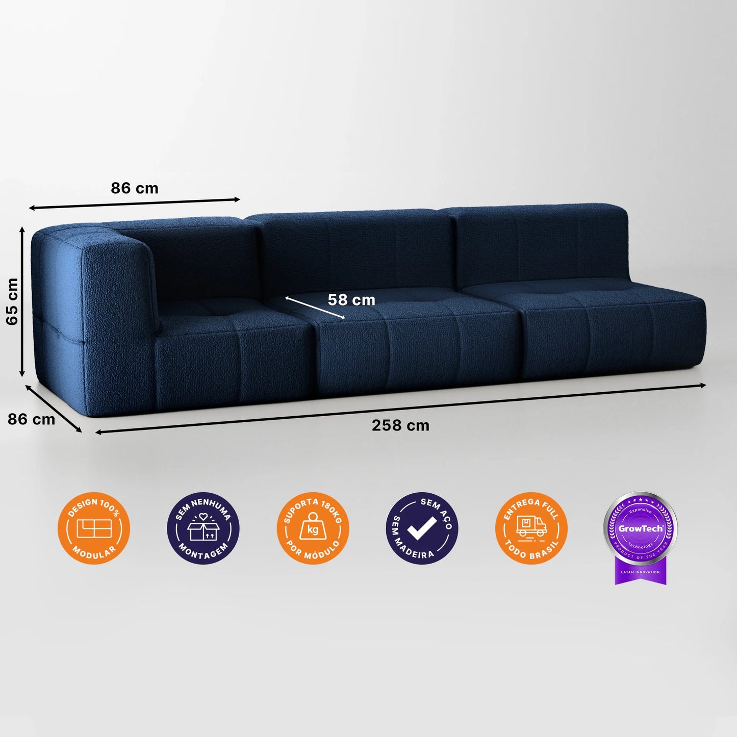 3-seat modular box sofa in Boucle - 1 Arm - Blue