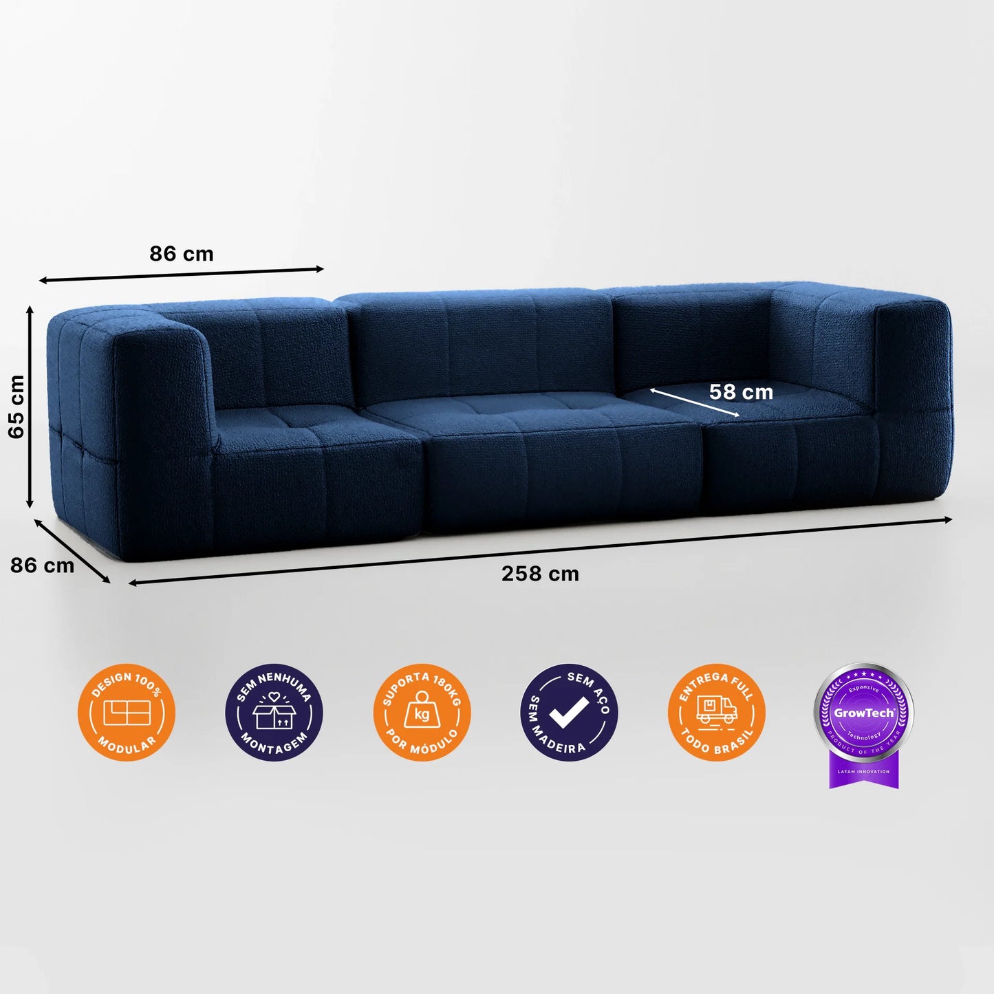 3-seater modular box sofa in Boucle - Blue