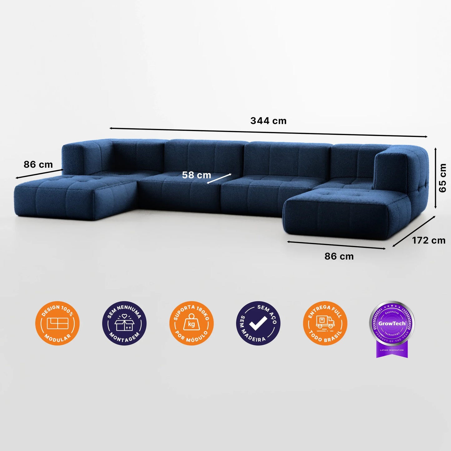 Modular Box Sofa 4 seats in Boucle with 2 Chaise - Blue