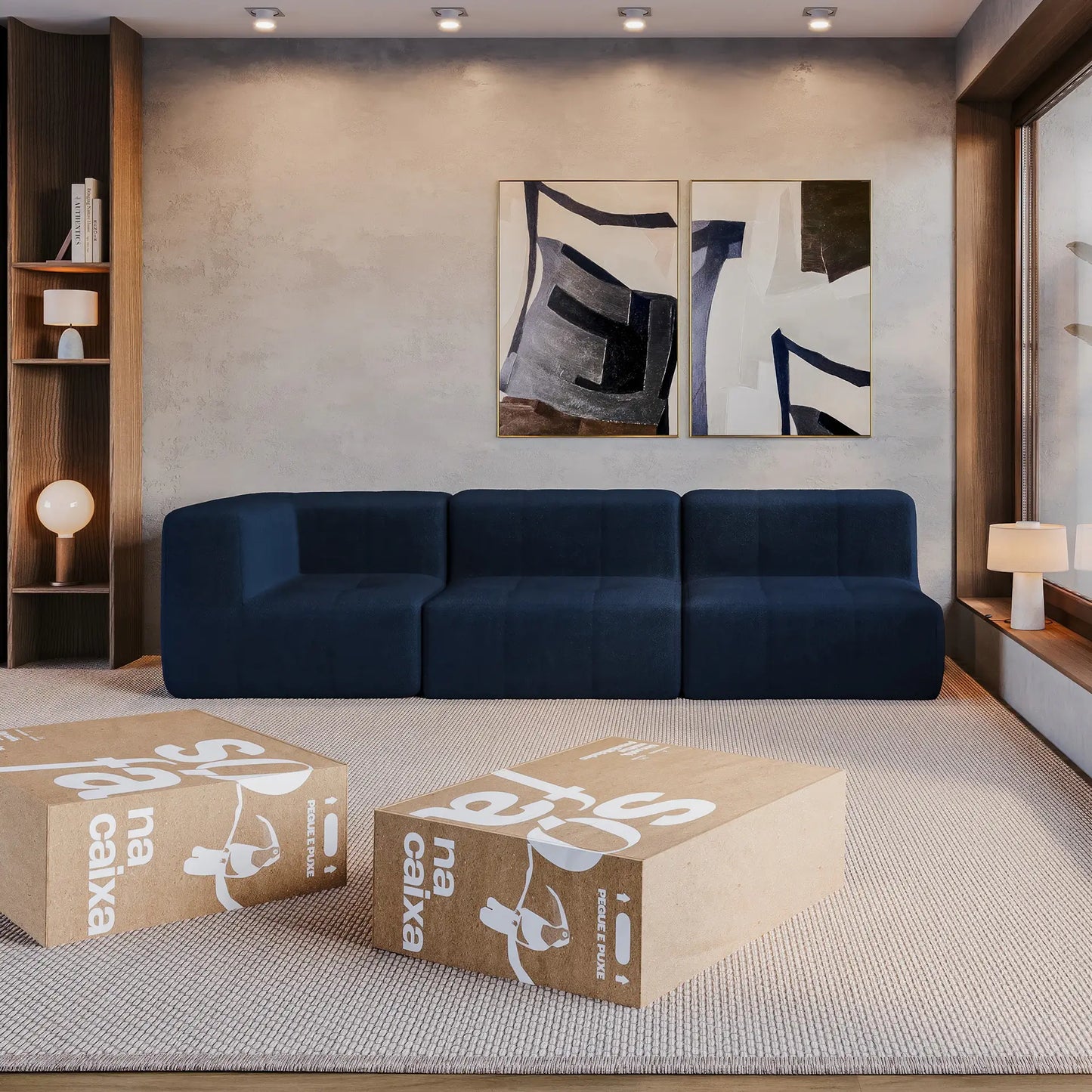 3-seat modular box sofa in Boucle - 1 Arm - Blue