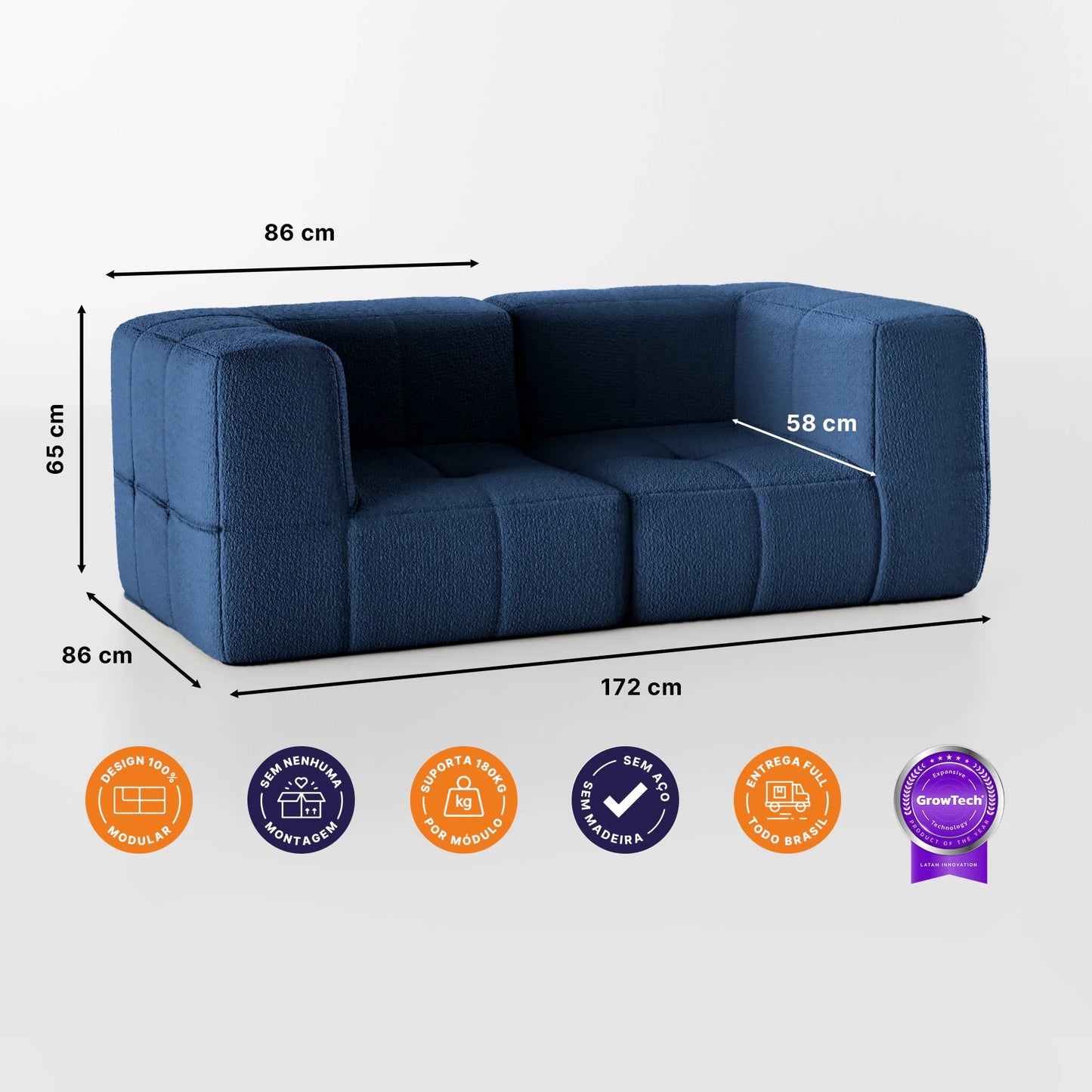 2-seater modular box sofa in Boucle - Blue