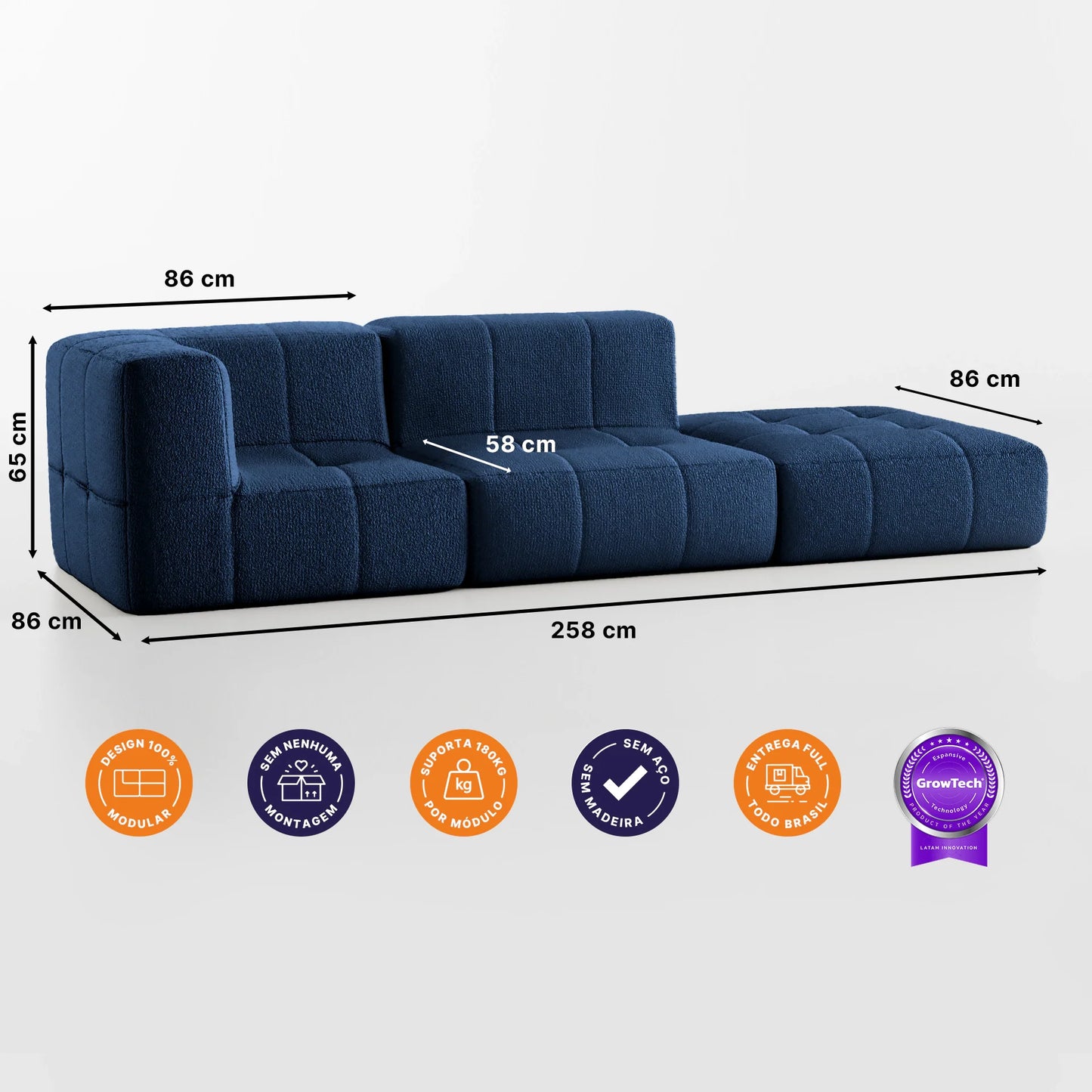 Sofa in Modular Box 2 seats in Boucle - 1 Arm with Chaise - Blue