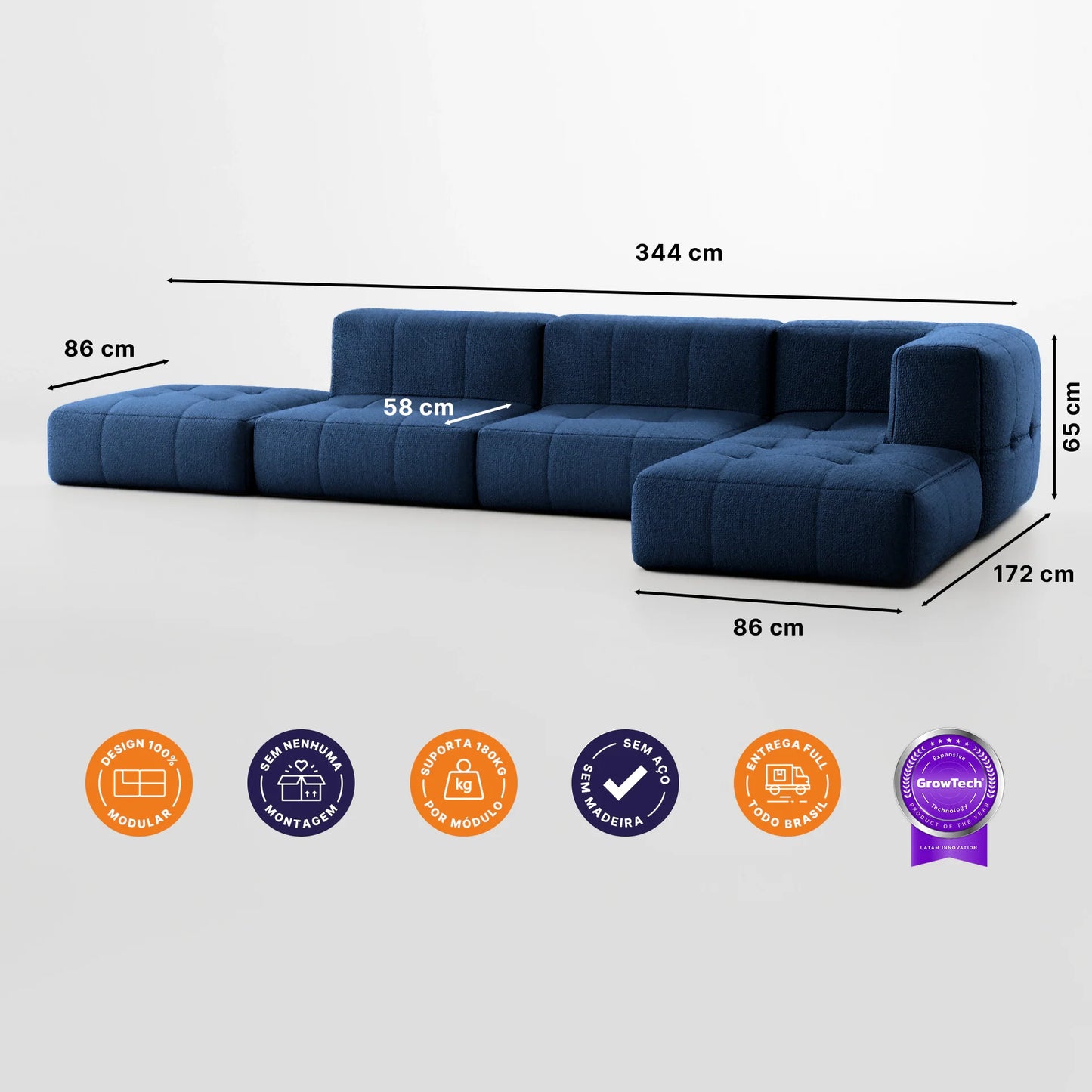 Sofa in Modular Box 3 seats in Boucle - 1 Arm with 2 Chaises - Blue