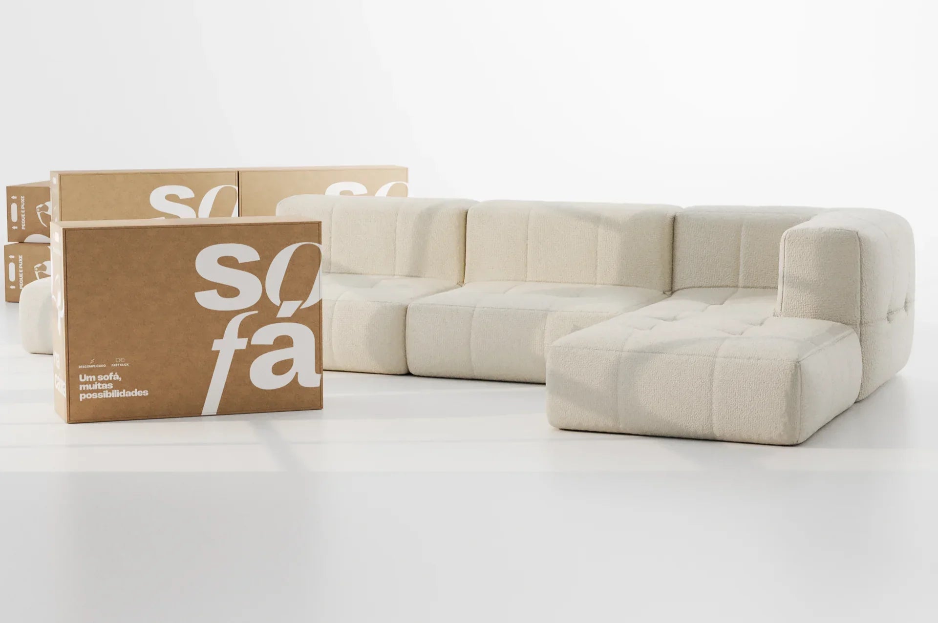 Collection of 4-seater modular box sofa in Boucle - Gray (Type 1) in a gallery layout